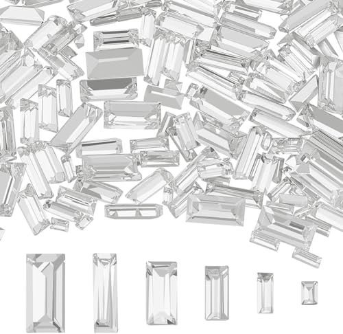 FINGERINSPIRE 180 Stück Mini-Strasssteine mit spitzer Rückseite, 6 Größen, rechteckig, facettiert, Glasstrass, klar, ohne Loch, Kristall-Schmuckverzierungen mit versilberter Rückseite für DIY