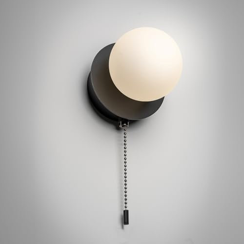 CGC Lighting USB Rechargeable Battery Magnetic Wireless Wall Light Opal Glass Diffuser Decorative Pull Cord (Black Macie)