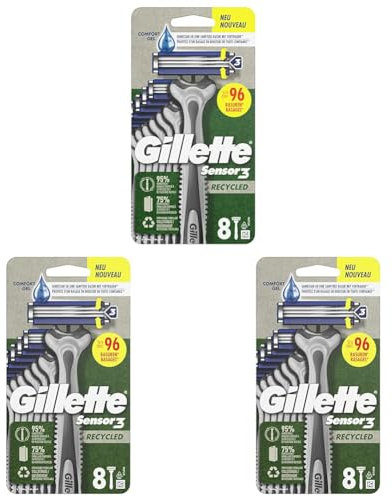 Gillette Sensor3 Recycled Einwegrasierer, 8 Rasierer mit 3-fach Klinge, mit 95% recyceltem Kunststoff im Griff (Packung mit 3)