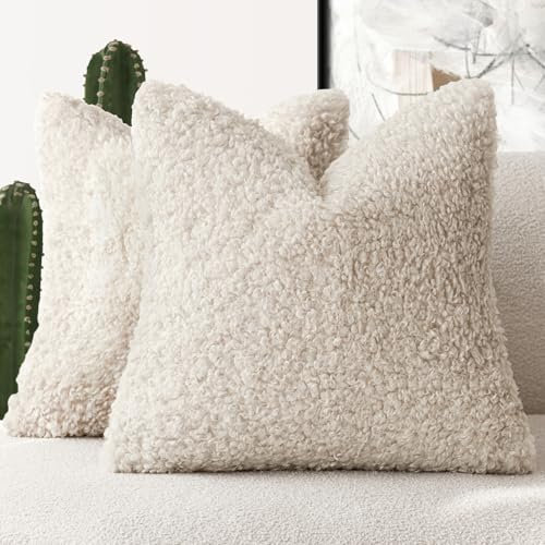 Foindtower 2 Stück 55,9 x 55,9 cm neutrale cremefarbene Kunstfell-Kissenbezüge Akzent-Sherpa-Kissen flauschige weiche Kissenbezüge Schaffell dekorativer Fleecekissenbezug für Bett, Couch, Wohnzimmer