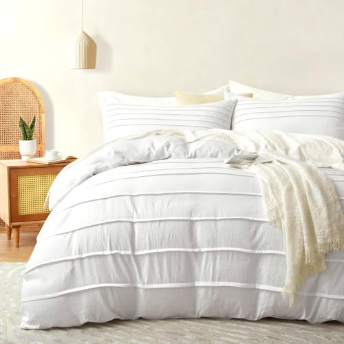DJY White Duvet Cover King Size - Boho Pleated King Duvet Cover Set, 3PCS Soft Microfibre Textured Bedding Set with Zipper Closure (White, 230x220cm)