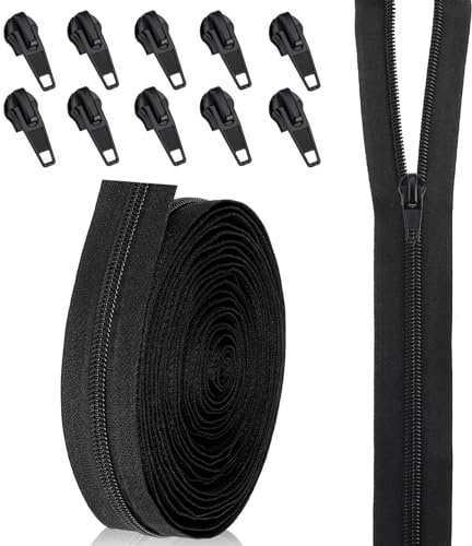 Black Continuous Zip and Sliders, 5M Heavy Duty Replacement Sewing Zipper | 5 Yard Bulk Zippers for Sewing, 10Pcs Automatic Zips for Cushions, Nylon Coil Zips Black for Bags Craft Sewing