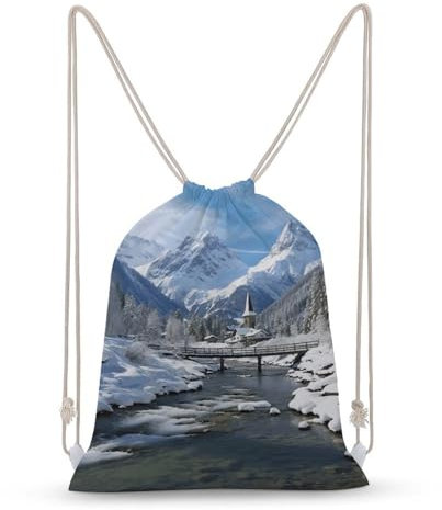 DJUETRUI Sacs en toile avec cordon de serrage pour homme et femme - Paysage d'hiver dans les Alpes - Sac de plage - Sac de voyage, Paysage d'hiver dans les Alpes, 35x50cm