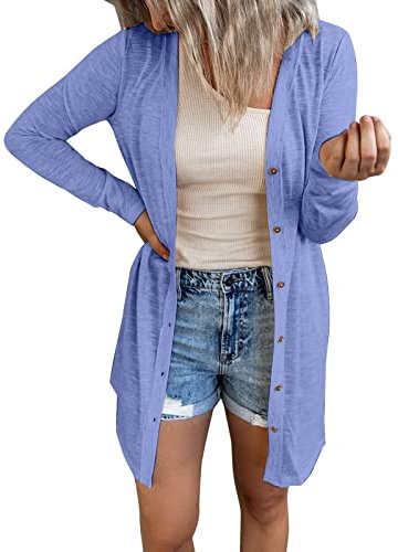 2024 2025e Strickjacken für Damen Leichte Strickjacken Lang mit Taschen und Knöpfen Strickmantel Long Elegant Cardigan Sommer Schulterjacke Top Dünne Mantel Lila L