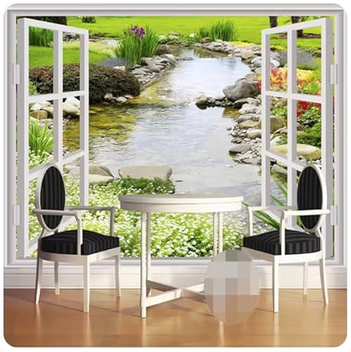 Vlies Fototapete Fenster Garten Rasen 300X210 Cm - Foto Tapete Schlafzimmer Wohnzimmer Moderne Vliestapete XXL Wandtapete Motivtapeten Bildtapete 3D Effekt Wand Dekoration