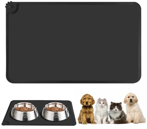 Dog Mat For Bowls,Cat Food Mat,Silicone Dog Bowl Mat,Dog Bowl Mats Non Slip, Black Pet Feeding Mat, For Food And Water Bowls, Feeding Tray(47x30cm)