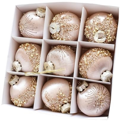 Weihnachtskugeln 8 cm, Satin, Glänzende Stoffpailletten, Zerkleinerte Diamanten, Schaumstoff-Weihnachtskugeln, Champagner, 9 Stück