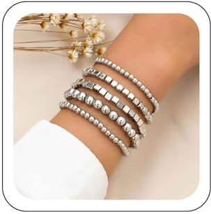Wendalern Silber Perlen Armbänder Set: Stapeln, Würfel & Runde Perlen, Dehnbar, Handgefertigt, Elastische Handschmuck für Frauen