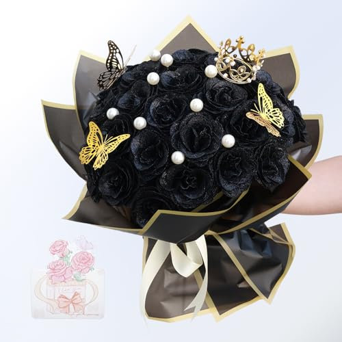 Schwarzer Glitzer-Rosenstrauß, Glänzende Künstliche Rosen Blumen mit Stielen DIY Gefälschte Glitzer Blumen Blumenstrauß für Valentinstag, Muttertag, Jubiläum, Abschluss, Geburtstag, Hochzeit, 36 Rosen