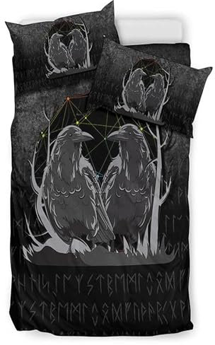 Bettwäsche-Set für Doppelbett, 200 x 200 cm, Odin Raven, Doppelbett-Set, Wikinger, Raben, Hukin und Munin, Bettbezug-Set, luxuriöse Mikrofaser, 3-teilig, Kinder-/Jugendzimmer-Dekoration mit
