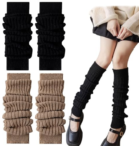 Ylinwtech 2 Pairs Warme Stulpen Damen mit Wolle,Women's Long Leg Warmers,Beinstulpen Damen für Damen aus Wolle und Acryl,Verdicken Beinstulpe,Beinstulpen Strumpf Extra Lang.(Dunkelgrau/Flachs)