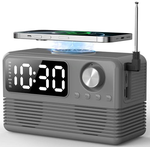 FlyShow 15W Fast Wireless Ladegerät mit Bluetooth Lautsprecher und Radiowecker 4 in 1 Wireless Charger Ladestation für iPhone Android Handys mit FM Radio für Schlafzimmer