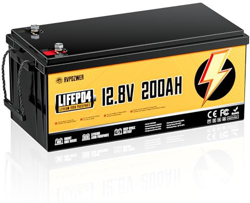 Rvpozwer 12V 200ah Batterie Lifepo4, BMS 200A Intégré, Batterie Lithium 2560Wh, 18 000 Cycles Profonds, Protection Contre les Basses Températures, Pour éNergie Domestique, Camping-Car, Hors RéSeau