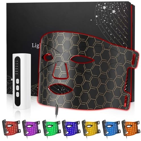 KIMTAR Maschera LED Viso, LED Mask 7 Colori Rosso & Blu per il Dispositivo per la Cura della Pelle del Viso Ringiovanimento, Prodotto Anti-invecchiamento per le Rughe(Nero)