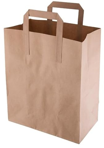 Fiesta Recyclable Flat Handle Bag Brown, Medium, Pack 250 | Strong handles resist tearing to support heavy take-away orders, folding flat to save storage space in commercial kitchens.