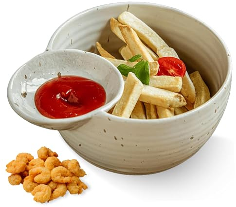BOUFEIDA 2 in 1 Snackschalen & Dipschalen 500ML, Grobe Keramik Retro Dipschalen, Pommes Schale mit Dip Schüssel, Tapas Schalen mit Dip Schälchen für Chips, Salat, Vorspeisen und Snacks