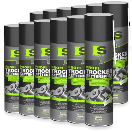 Spraytive 12 x 500ml Profi Trockenkettenspray – Kettenspray mit PTFE, Kettenfett für Fahrrad, Motorrad, Maschinen & Zahnräder – haftstark – kein Abschleudern – Allwetterschutz - Made in Germany