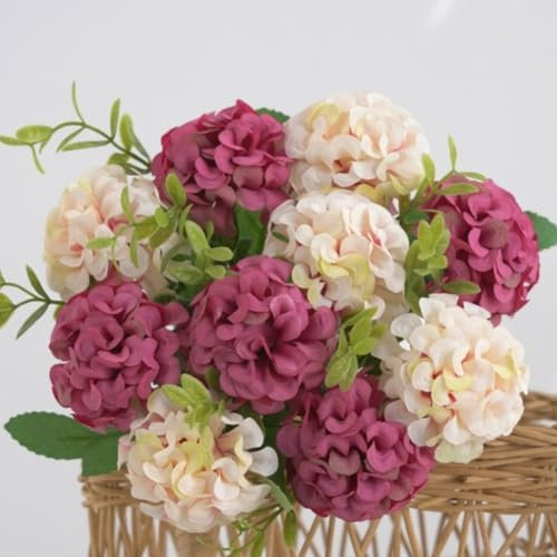 CYRENT Bouquet di ortensie artificiali, 33 cm, realistico, in seta, decorazione per centrotavola per matrimoni, casa, tavolo, mensola, in diversi colori (rosa rossa)