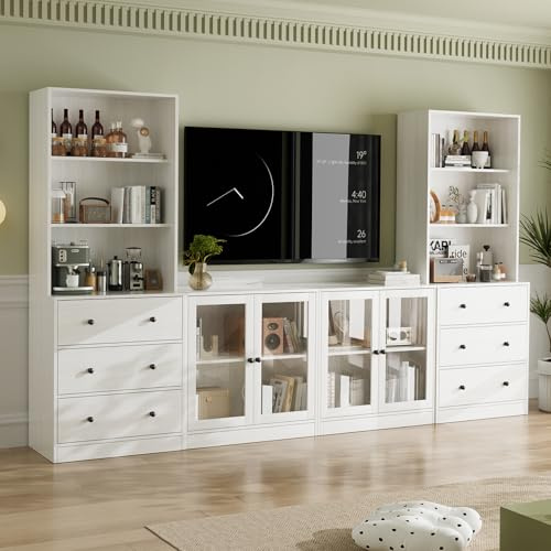 VOWNER 4PSC Großer TV-Schrank mit Bücherregalen für Fernseher bis zu 70 Zoll, 280 cm Long tv Ständer mit gehärteten Glastüren und Einlegeböden, fernsehschrank für Wohnzimmer, 2A+2D (Weiß)