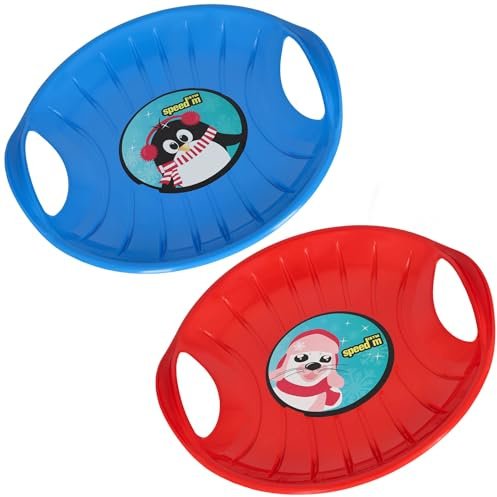 KOTARBAU® 2er Set Rutschteller - ø 60 cm - Popo Rutscher - mit Griffen - Schlitten für Kinder & Erwachsene - Bob Schlitten - Kinderschlitten - Kunststoff - Blau & Rot