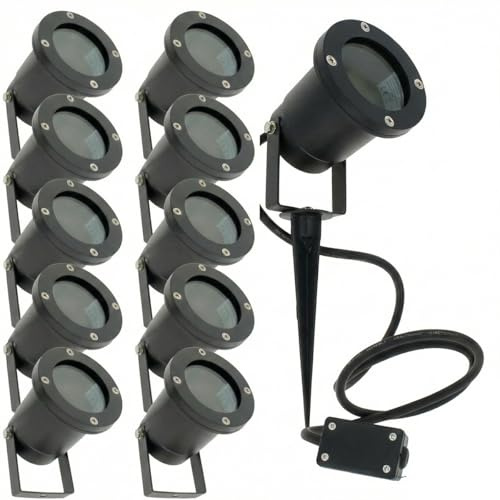 Arum Lot de 10 Spots Piquets LED Extérieurs – Corps Aluminium Noir & Verre – Douille GU10 (Ampoule remplaçable) – Étanche IP65 – Câble 1m20 & Boîtier de Connexion Inclus – Éclairage Jardin & Allée