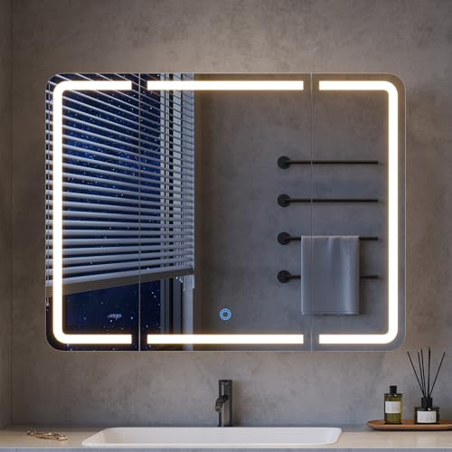 mojiasion 3-türiger Spiegelschrank Bad mit 360° Rundumsicht – 80 cm breit, +5 cm Überstand, LED Touch-Sensor, 3 Lichtfarben, dimmbar & integrierte Ladestation (2 USB + 2 Steckdosen)