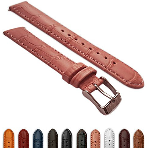 10 mm Uhrenarmband für Damen, echtes Leder, Krokodilleder-Optik, gepolstert, SS-Schnalle, Pink/Pink