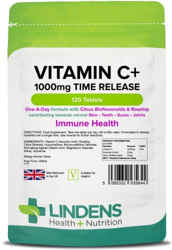 Lindens Vitamin C+ 1000mg - 120 Tablets - Time Release Tablets with Citrus Bioflavonoids and Rosehip - Contributes to Immune System Health, Reduces Tiredness and Supports Healthy Skin and Teeth