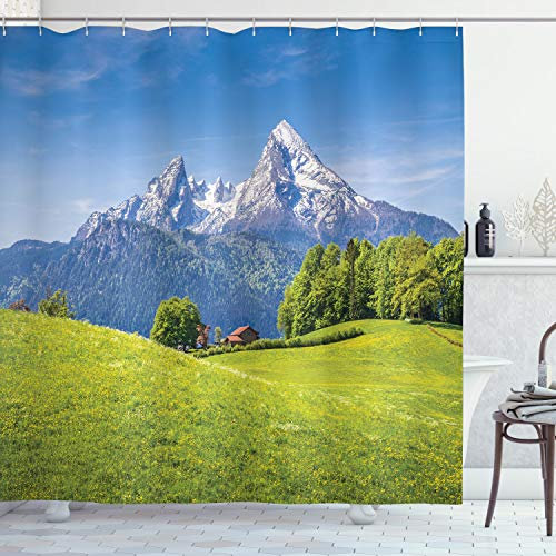 ABAKUHAUS Berg Duschvorhang, Alpen mit Wiese Flora, Stoffliches Gewebe Badezimmerdekorationsset mit Haken, 175 x 200 cm, Grün blau