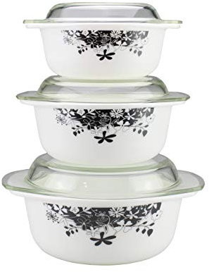 Occasions 3pc Glass Casserole Dish With Lids – 1L, 1.5L & 2.5L Round Glass Casserole Set With Lids Opal Glassware (Black/White Flowera)