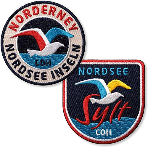 2er-Set Norderney + Sylt Aufnäher gestickt 62 mm/Nordsee Wattenmeer Insel Watt Küste Meer Möve Reise/Patch Aufbügler Abzeichen Flicken Bügelflicken/zum Aufbügeln Aufnähen auf Kleidung Jacke