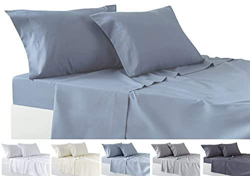Todocama – Juego de Sábanas de 4 Piezas – Sábana Bajera Ajustable – Encimera - Dos Fundas de Almohada de 50x80cm. (Cama 200-200x190/200 cm, Azul grisaceo)