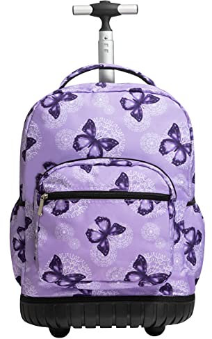 SKYMOVE 18 inches Wheeled Rolling Backpack Multi-Compartment College Books Laptop Bag Business Trip Carry-on, Purple Butterfly, 18 Inch, Daypack Backpacks