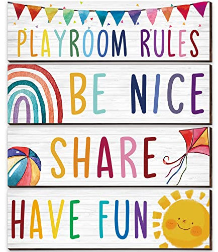 4 Pcs Wooden Kids Playroom Rules Sign Wall Decor Be Nice Share Have Fun Wooden Colorful Art Wall Plaque Playroom Decor for Nursery Boys Girls Bedroom (11 x 3'')