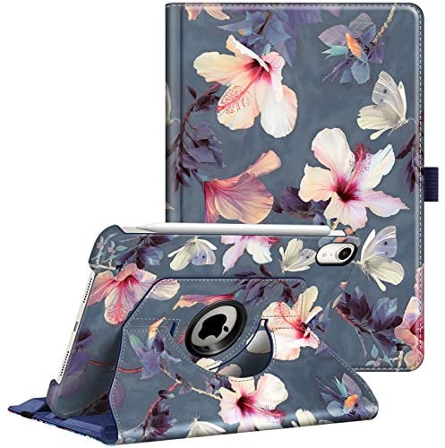 FINTIE Case for iPad Mini A17 Pro (2024) 8.3 Inch, iPad Mini 7th / 6th Generation (2024/2021), 360 Degree Swiveling Stand Protective Back Cover, Auto Wake/Sleep, Blooming Hibiscus