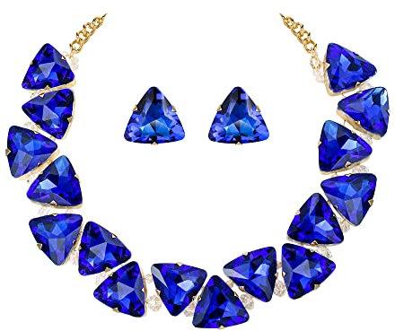 Clearine Art Deco Sparkly Statement Halskette Ohrringe Set Dreieck Schmuckset für Damen, Saphir-Blau Gold-Ton