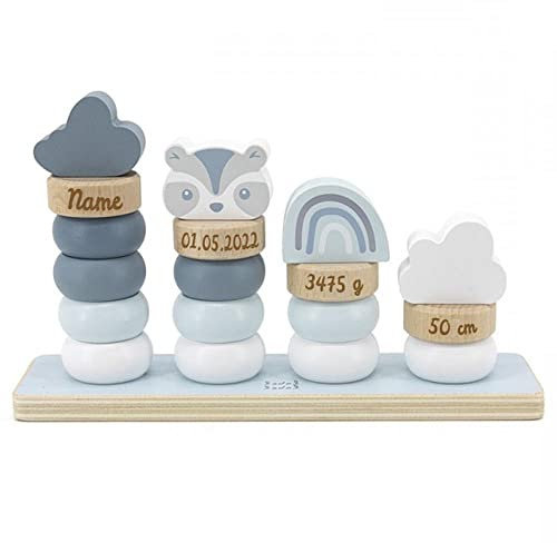 Elefantasie Stapelringe aus Holz blau personalisierbar mit Name und Geburtsdaten Baby Geschenk mit Gravur