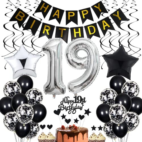 19. Geburtstag Dekoration,Schwarz Tortendeko Geburtstag 19 Jahre Junge,Black and White Party Deko,19 Geburtstag Mädchen Junge,Tortendeko 19. Geburtstag Junge Mädchen,Geburtstagsdeko 19 Jahre Mädchen
