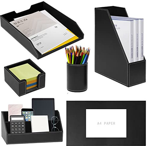 XNONE PU Leather 6-Piece Set Office Supplies/Desk Organizer,Including Writing Pad,Paper Tray,file folder/Magazine Holder,Pen Cup,Note Holder,Business Cards/Letter Sorter,Man/Woman Office Gift(Black)