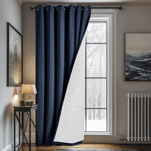 Deconovo Vorhang Verdunklungsvorhang Schwerer Vorhänge Gardine mit Ösen Winter Wärmehaltung Kälteschutz Haustür Thermo Gardinen Raumtrenner, 260x200(HöhexBreite), Dunkelblau, 1 Stück