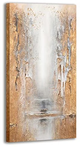 YS-Art Luxus XXL Abstrakt Acryl Gemälde auf Leinwand Klassisch 2 handgemalt Wandbilder Wohnzimmer modern Wohndekor Design Bild Gold Beige echte Kunst 200x100 cm