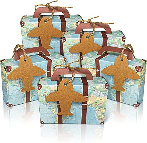 Super Idee 50 Stück Mini-Koffer, Gastgeschenkbox für Hochzeiten mit Flugzeugförmigen Anhängeschildchen aus Kraftpapier und Leinenschnur für Thema Urlaub Hochzeiten Geburtstag Babyparty Reisen