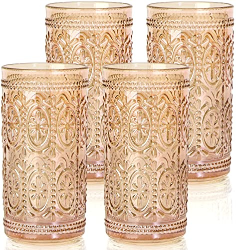 abrwyy Juego de 4 vasos de cristal ámbar vintage, vasos de vidrio ámbar resistentes de 12 onzas, vidrio antiguo, juego de vasos altos para fiestas, bodas, hogar, oficina, regalo