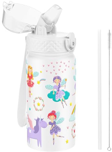 Goppus 420ml/14oz Gourde Isotherme pour Enfants avec Paille à Double Paroi en Acier Inoxydable Petit Flacon Isolé Sous Vide Métal Anti-fuite pour Boisson Flacon pour Tout-petits Thermos Sans BPA