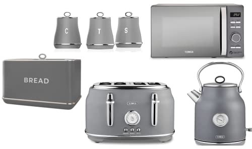 Tower Renaissance Kettle, 4 Slice Toaster. 20L 800W Digital Microwave, Bread Bin & Canisters Matching Set of 7 in Grey