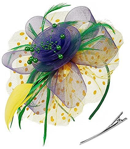 LATRAT Mesh Kopfbedeckung, Vintage-Feder-Bowler-Hut mit Mesh-Blumenherz-Haarteil, für Frauen Mädchen, Gelb-violett grün