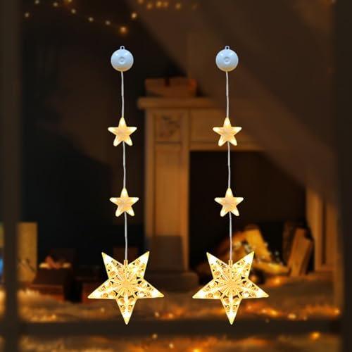 Weihnachtsdeko LED Sterne Weihnachtsbeleuchtung, Stern Lichterkette Weihnachtsdeko Fenster Batteriebetriebene mit Saugnäpfe, Warmweiß Weihnachtsstern Innen für Weihnachten Deko, Balkon (Stern X2)