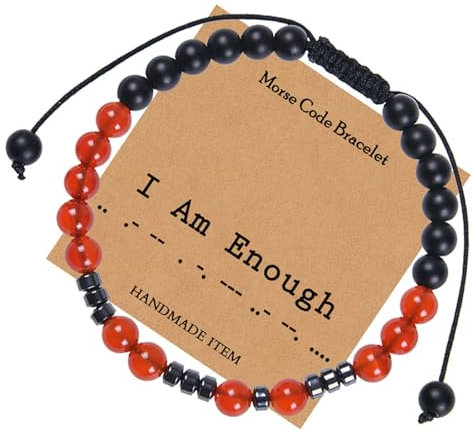 Bishilin Armbänder für Frauen, Perlen Armband Damen Verstellbar 6MM Rot Achat und Schwarz Matt Achat mit Morsealphabet I Am Enough Charm Armbänder Personalisiert