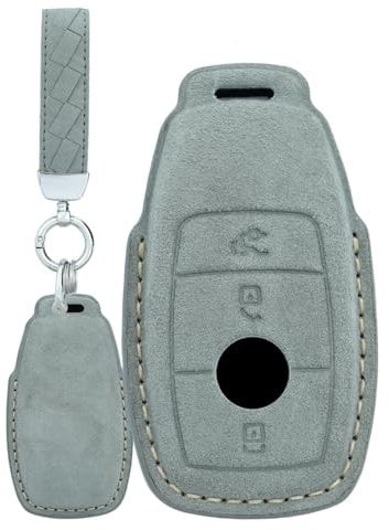 TECART Wildleder Autoschlüssel Hülle Cover Passt für Mercedes Benz A C E S G Klasse GLC CLE CLA W177 W205 W213 W222 S63 AMG Schutzhülle Schlüsselcover Zubehör Schlüssel Mit 3 Keyless Tasten B Grau