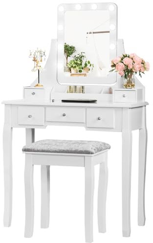 HOMASIS Schminktisch mit 360°drehbaren Spiegel & gepolsterten Hocker, Kosmetiktisch mit 10 dimmbaren LEDs, Frisiertsich-Set mit 5 Schubladen & 3 Fächer, Make-up Tisch, Computertisch aus Holz (Weiß)